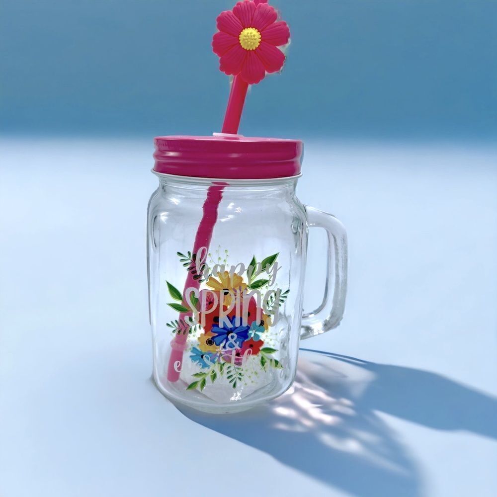 Happy Spring & Everything l Hand-painted l 16 oz. l Mason Jar l Decorative Straw